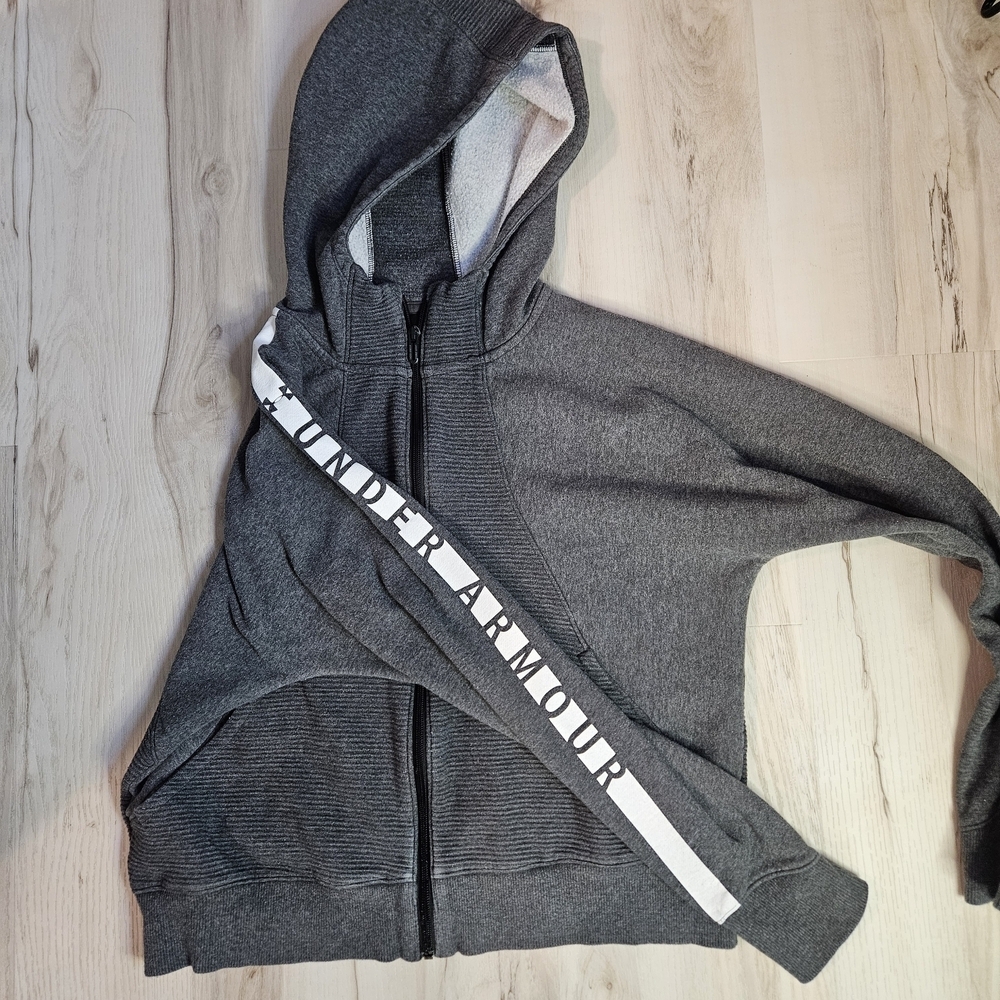 Under Armour Girls Large Gray Ribbed Fleece Full Zip Hoodie Sleeve Spellout - Picture 12 of 12